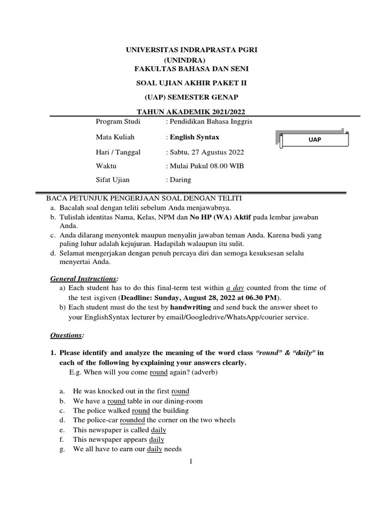 Soal Uap English Syntax Paket Ii 2022 | PDF | Clause | Semantics