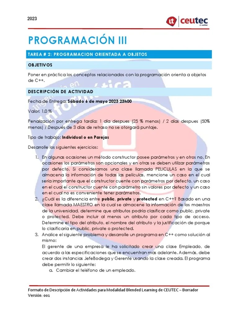 1034 Semana02 Tarea2 | PDF | C ++ | Constructor (Programación Orientada ...
