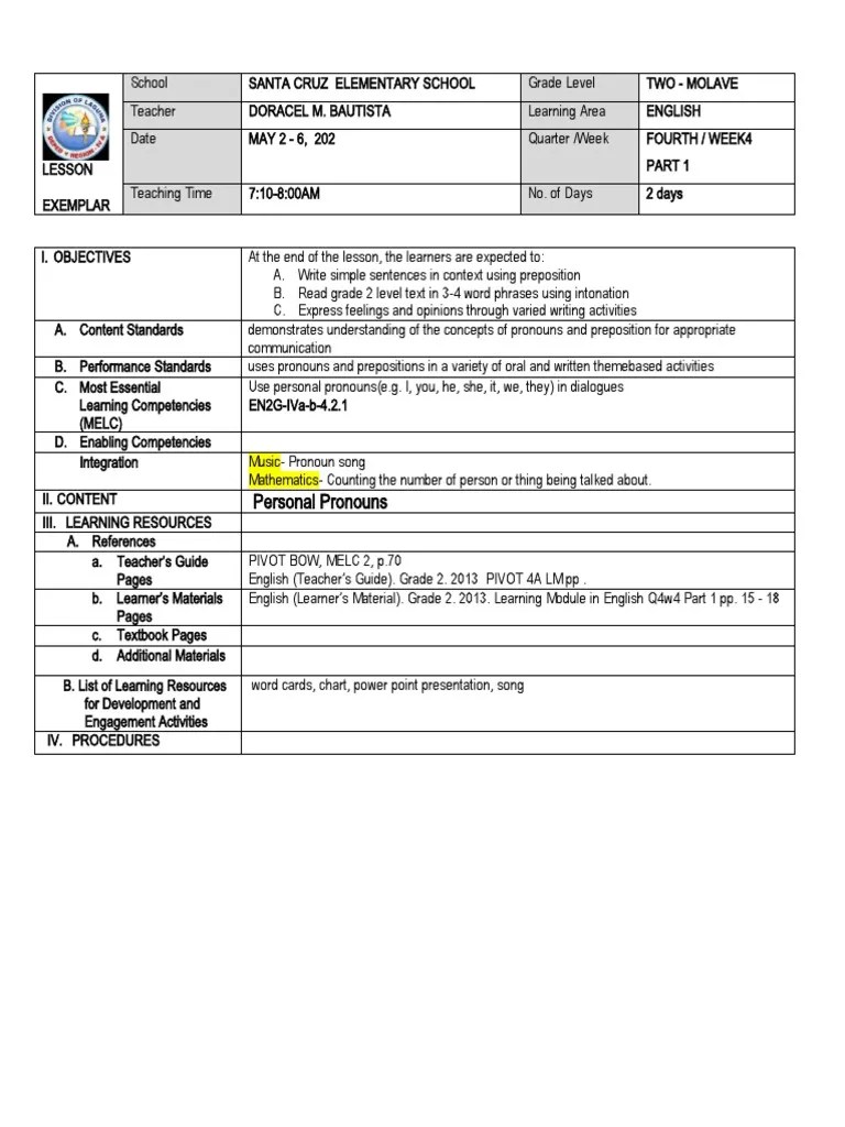 Lesson Exemplar In English Q4W4 | PDF | English Language | Grammatical Number