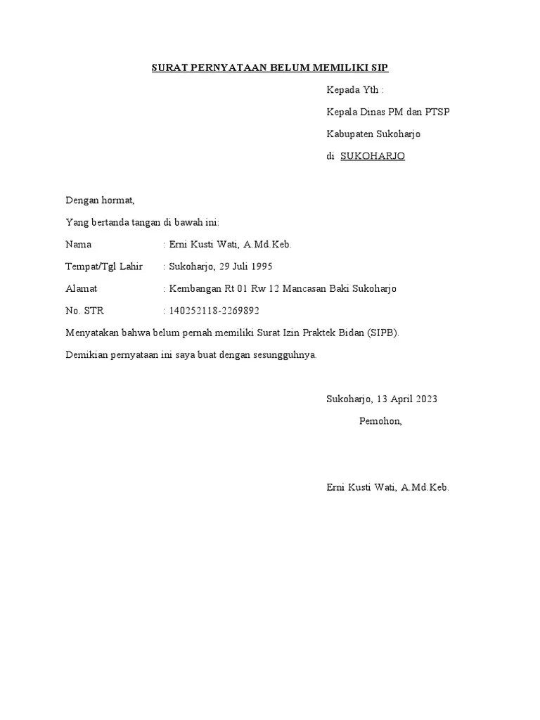 Surat Pernyataan Belum Memiliki Sip | PDF
