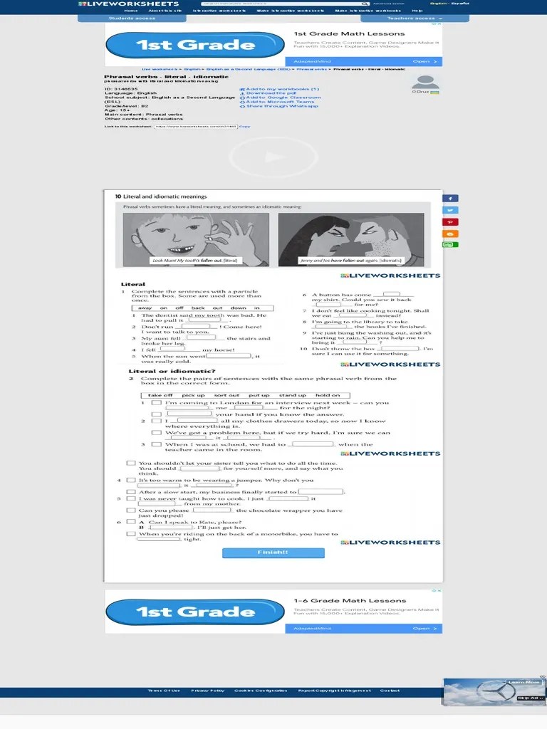 Phrasal Verbs - Literal - Idiomatic Worksheet | PDF | Worksheet | English As A Second Or Foreign ...