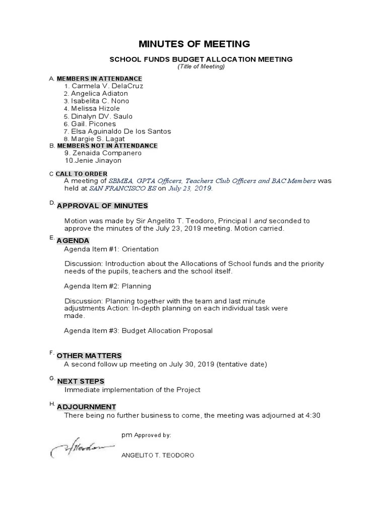 Sample MINUTES OF MEETING | PDF