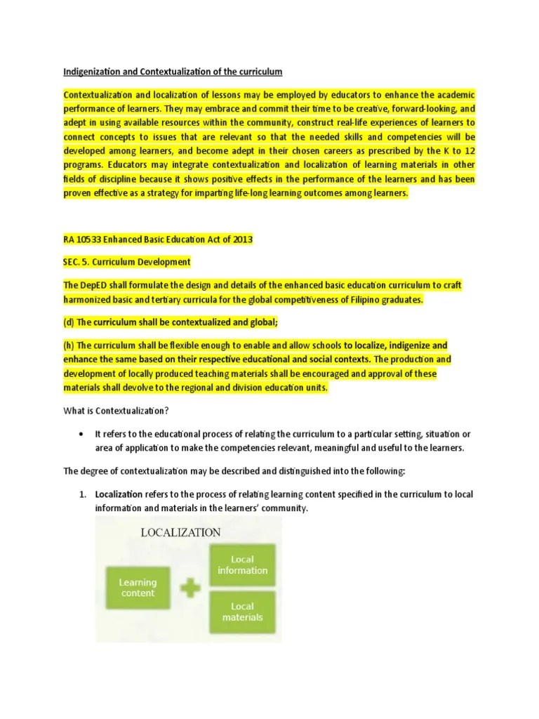 Indigenization And Contextualization Of The Curriculum | PDF | Curriculum | Learning