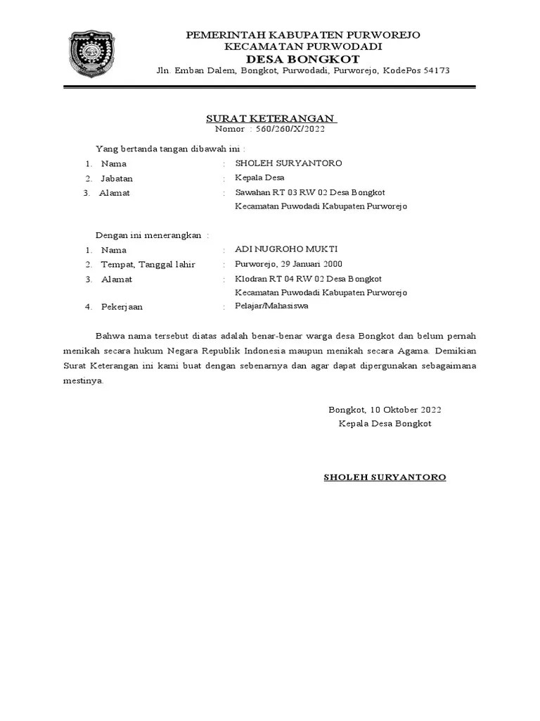 Surat Keterangan Belum Menikah | PDF