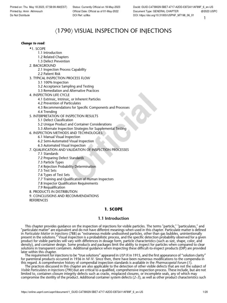 1790 Visual Inspection Of Injections | PDF | Intravenous Therapy | Particulates