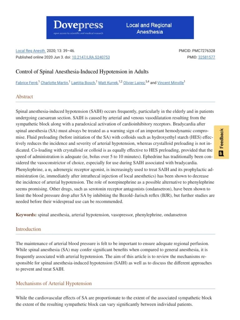 Control Of Spinal Anesthesia-Induced Hypotension In Adults - PMC | PDF | Blood Pressure | Physiology