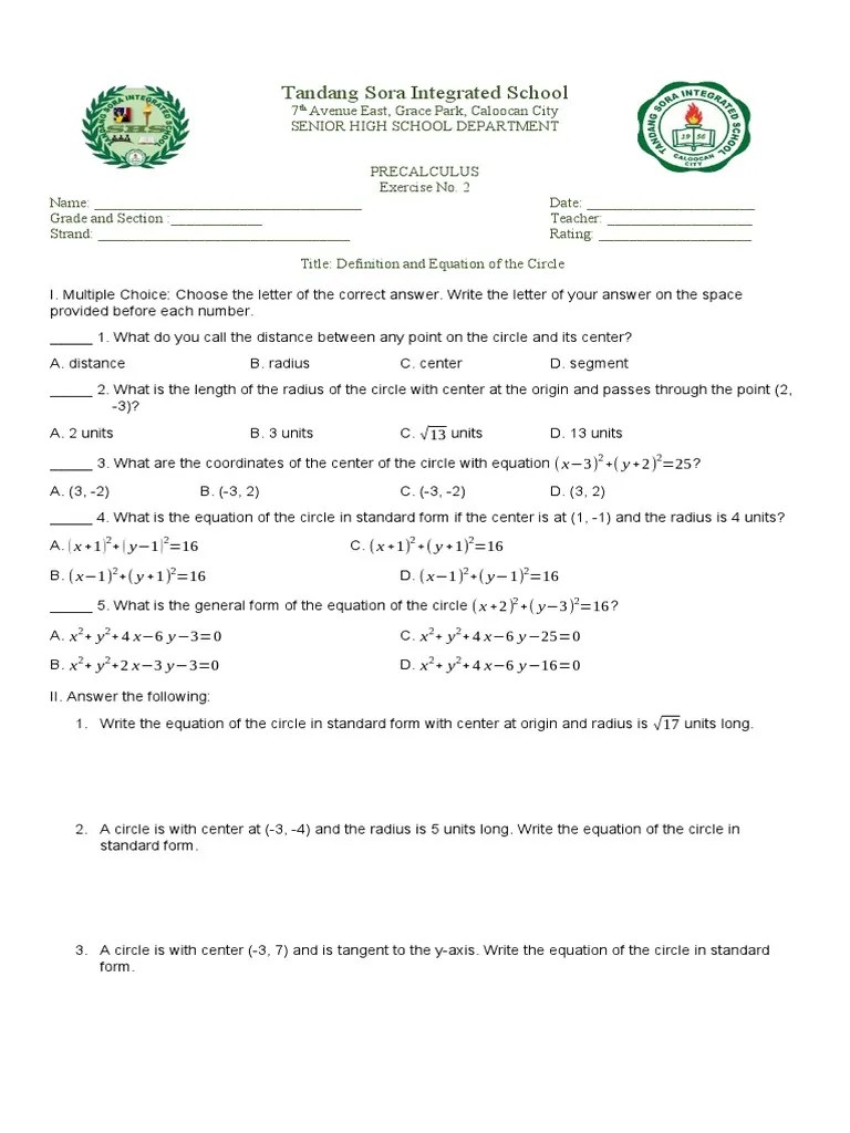 Exercise No. 2 - Definition And Equation Of A Circle | PDF | Circle ...
