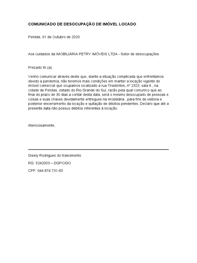 Modelo Comunicado De Desocupação De Imóvel Locado | PDF
