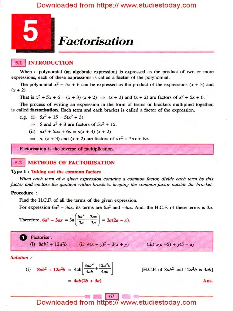 ICSE Class 9 Maths Chapter 05 Factorisation | PDF