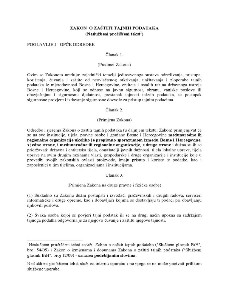 Nesluzbei Precisceni Tekst - Zakon O Zastiti Tajnih Podataka - H | PDF