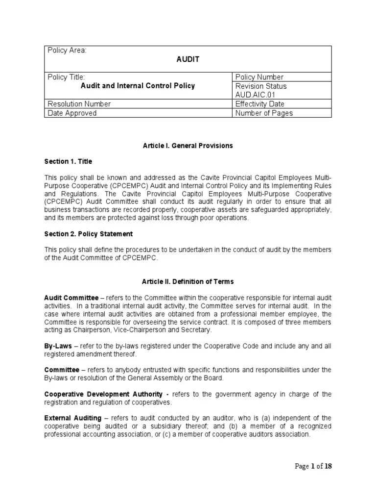 Audit And Internal Control Policy - CPCEMPC Updated As Of 30 January 2020 | PDF | Audit ...