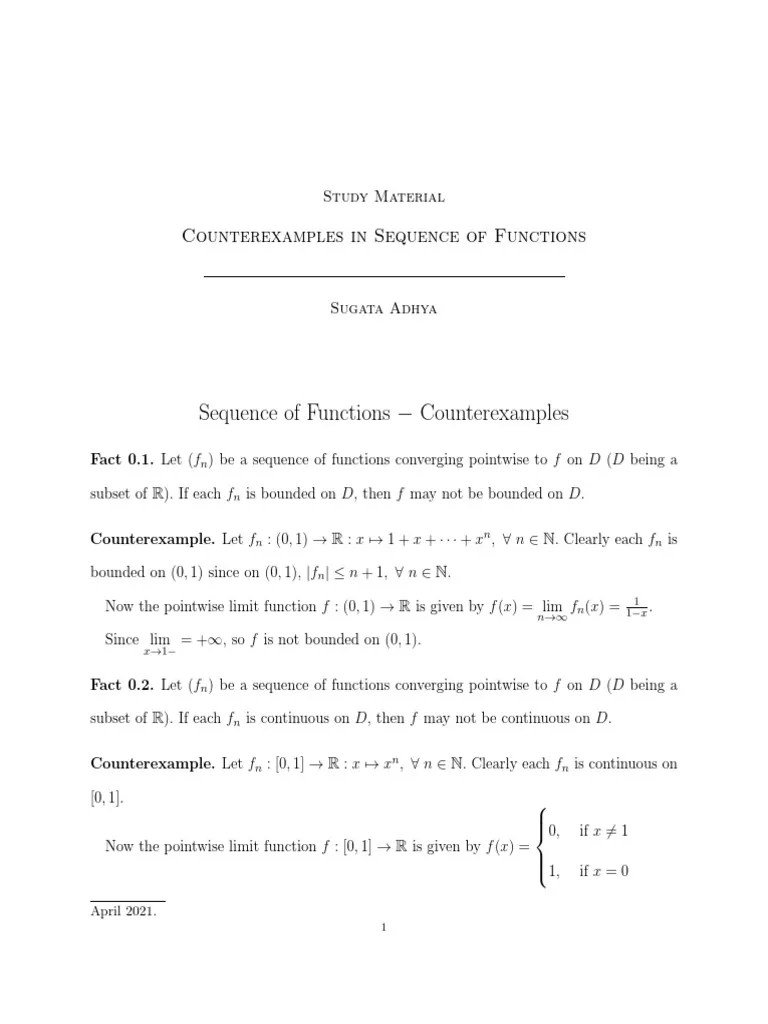 Sequence Of Functions Counterexamples - Lecture Note - By SA 2021 | PDF ...