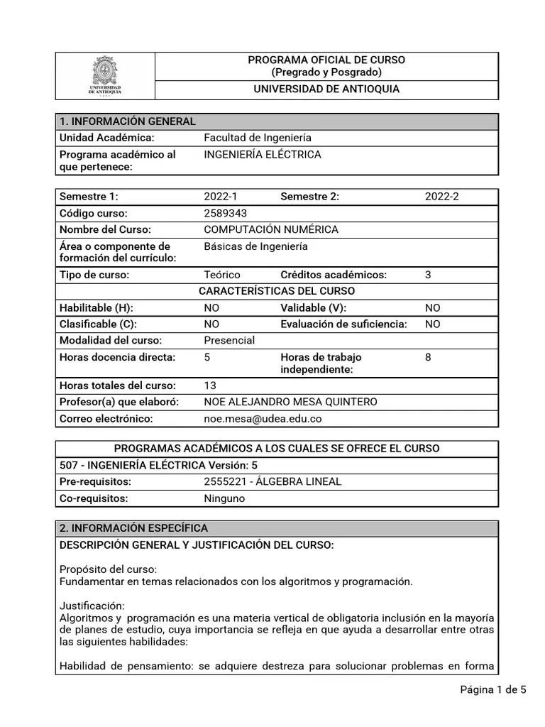 Curso De Computación Numérica Udea Pdf Programación Orientada A