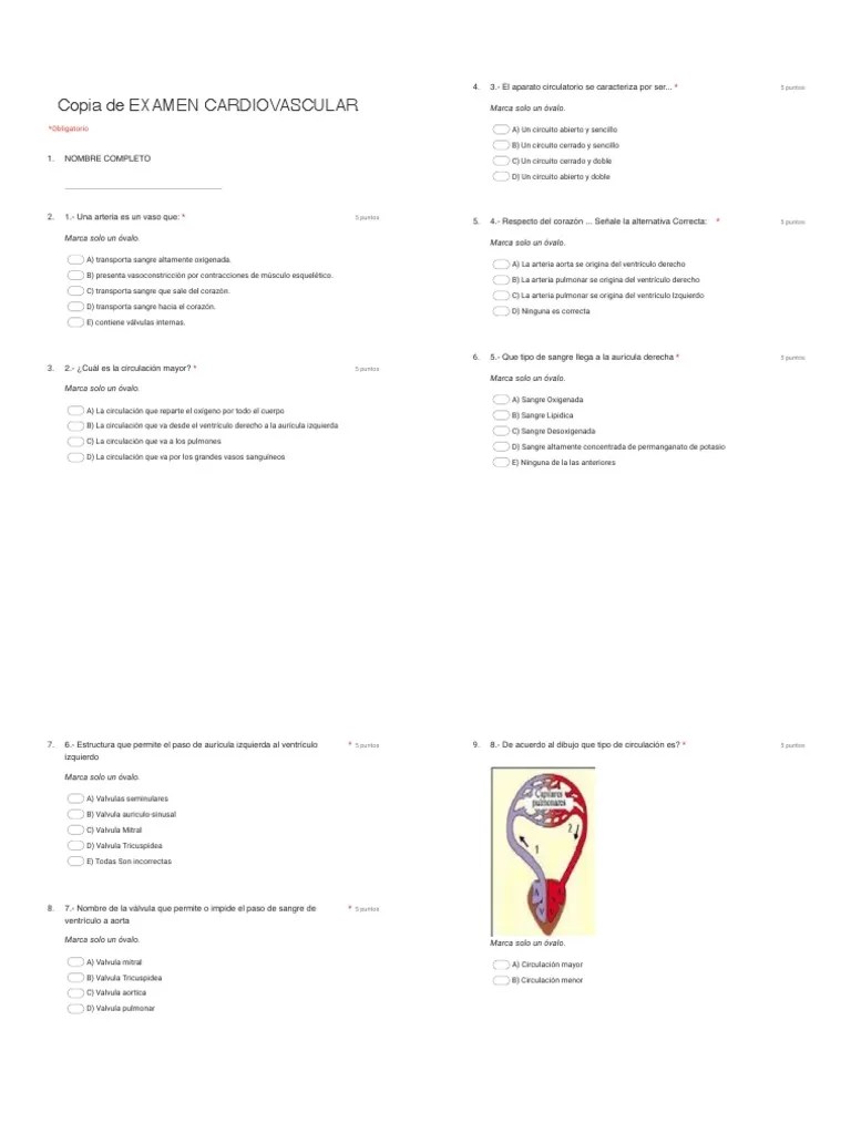 Copia De EXAMEN CARDIOVASCULAR - Formularios De Google | PDF | Sistema Circulatorio | Corazón