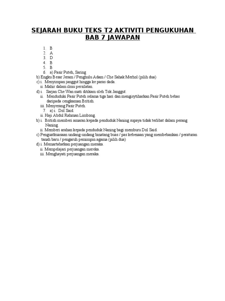 Jawapan pemahaman dan pemikiran kritis buku teks sejarah. Sejarah Buku Teks Tingkatan 2 Aktiviti Pengukuhan Bab 7 Jawapan Pdf