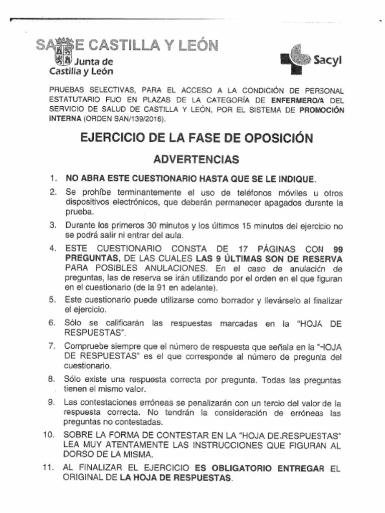 Ope Enfermería Sacyl Pi Cuadernillo Examen | PDF