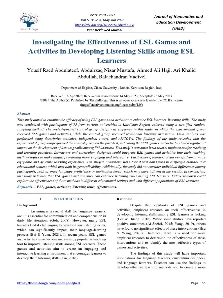 Investigating The Effectiveness Of ESL Games And Activities In Developing Listening Skills Among ...