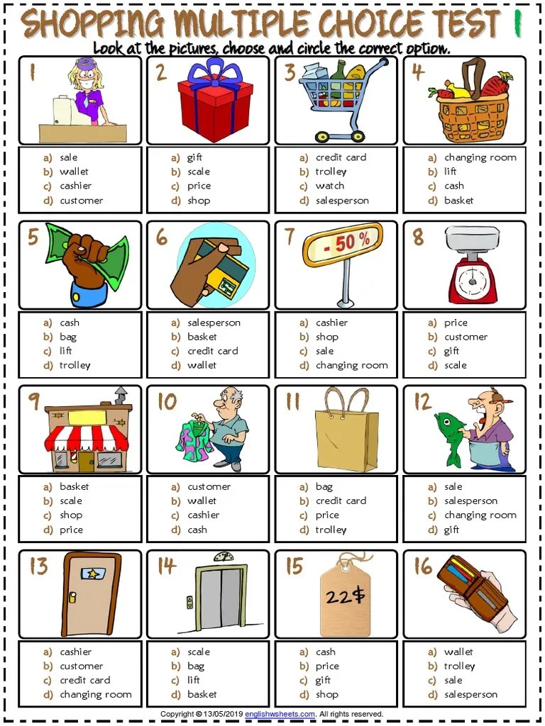 Shopping Vocabulary Esl Multiple Choice Tests For Kids | PDF | Automated Teller Machine | Sales
