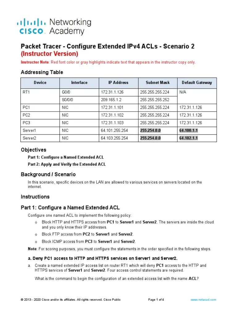 26.2.2 Packet Tracer - Configure Extended IPv4 ACLs - Scenario 2 - ILM ...