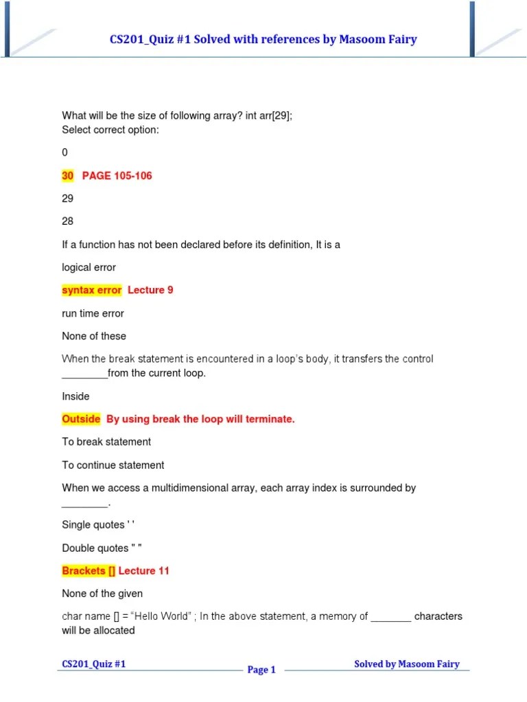 Cs201 Midterm Solved Quiz 1 Fall 2014 | PDF | Parameter (Computer ...