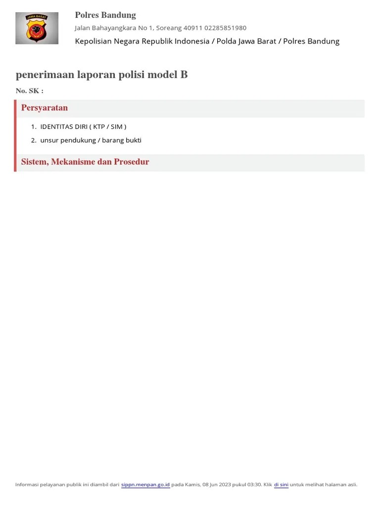 Unduh Standar Pelayanan - Penerimaan Laporan Polisi Model B | PDF