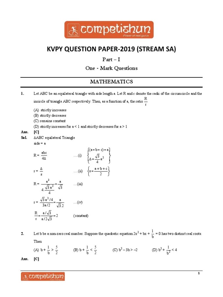 SA - KVPY Previous Year Question Paper, Answer Key (2019) Comptishun | PDF | Bicarbonate | Area