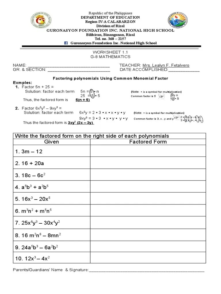 1.1. Factoring Common Monomial Factor | PDF