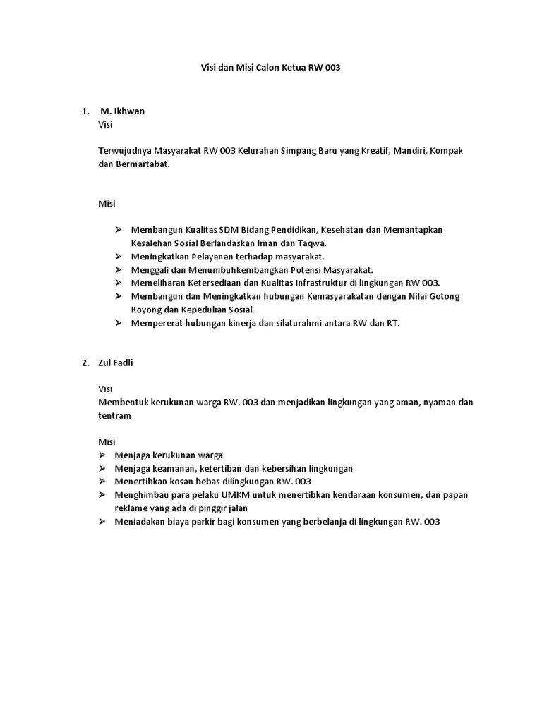 Visi Dan Misi Calon Ketua RW 003 | PDF