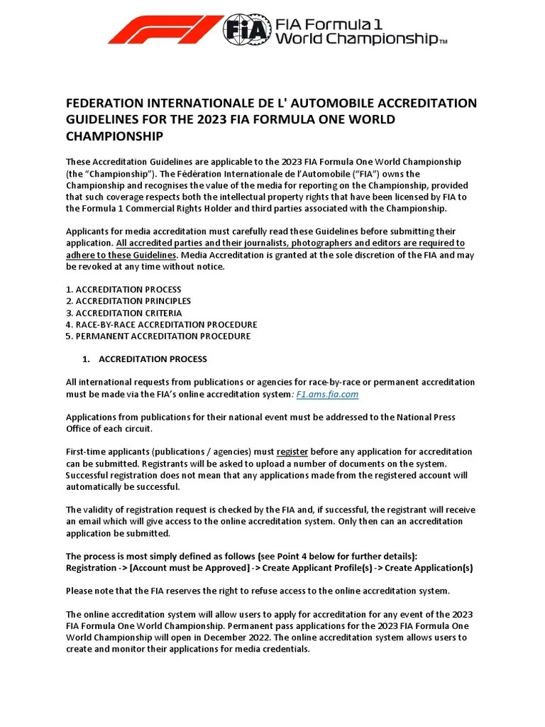 2023 Fia Formula 1 World Championship - Accreditation Guidelines 0 | PDF | Fédération ...