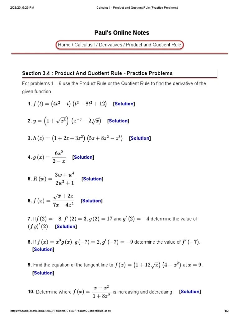 Calculus I Product And Quotient Rule Practice Problems | PDF ...