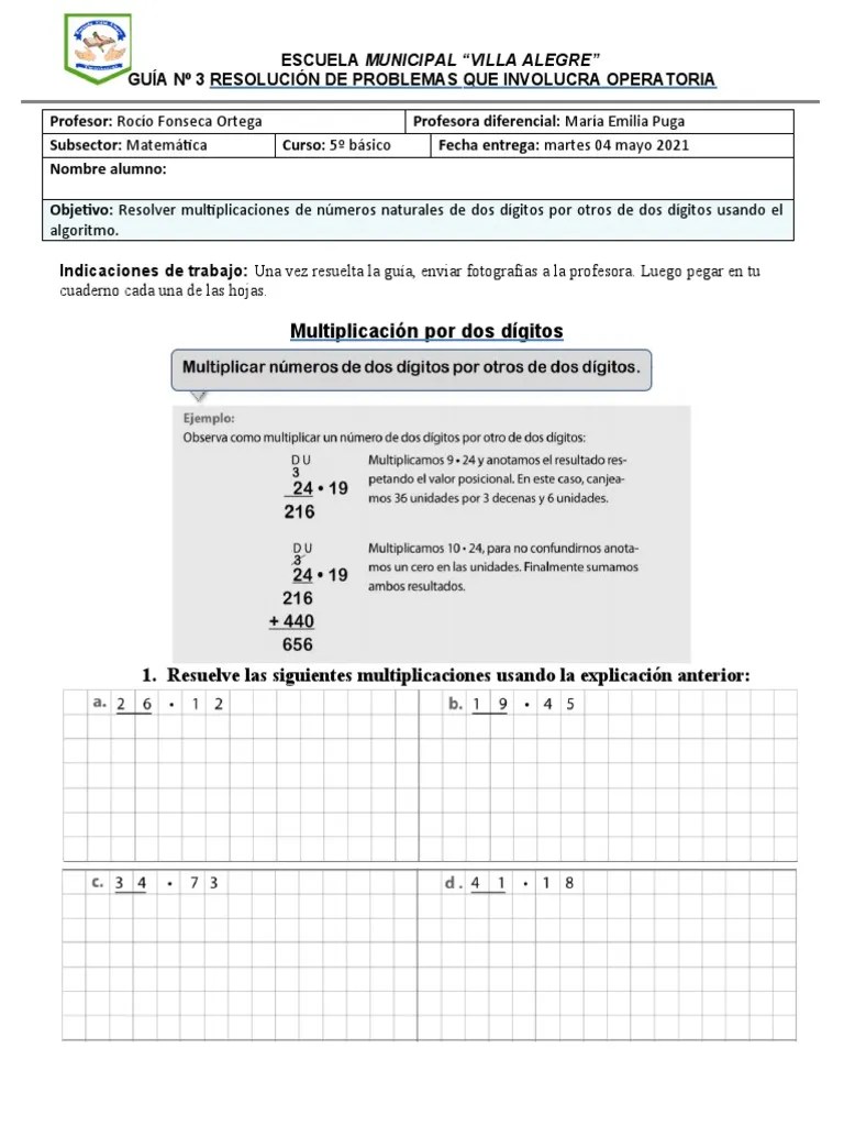 GUÍA #3 5º MATEMÁTICA Multiplicación Por Uno Y Dos Digitos | PDF
