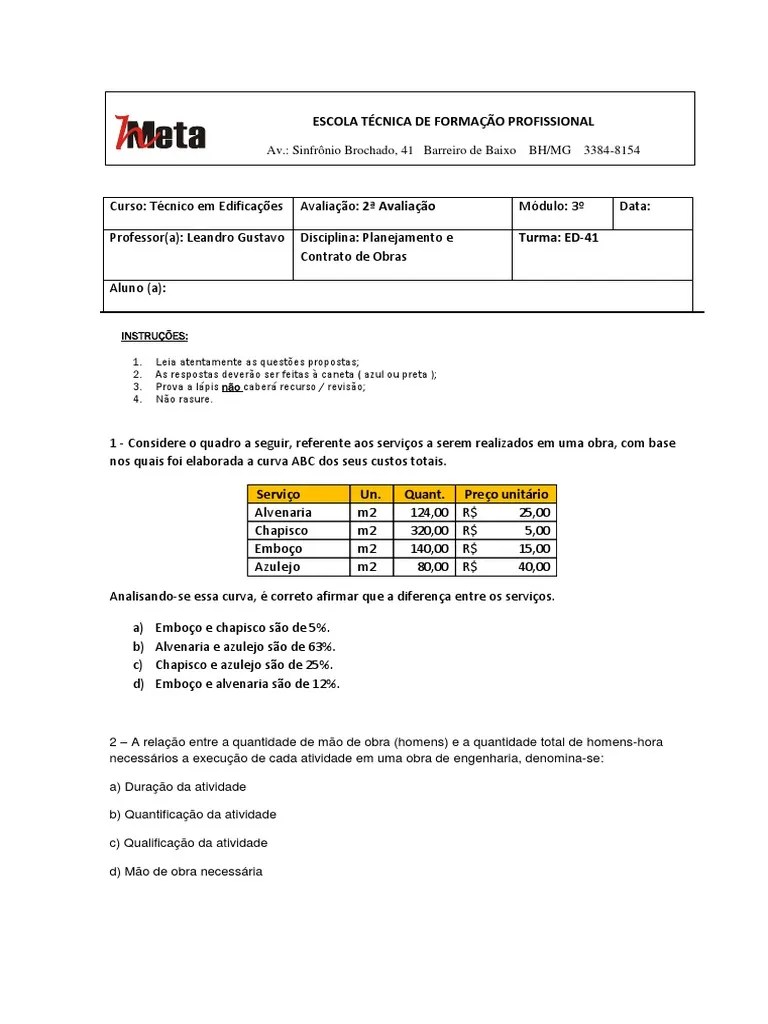 Prova Final Substitutiva - Turma Ed41 - Professor Leandro | PDF | Orçamento