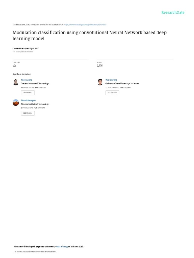 Modulation Classification Using Convolutional Neural Network Based Deep Learning Model | PDF