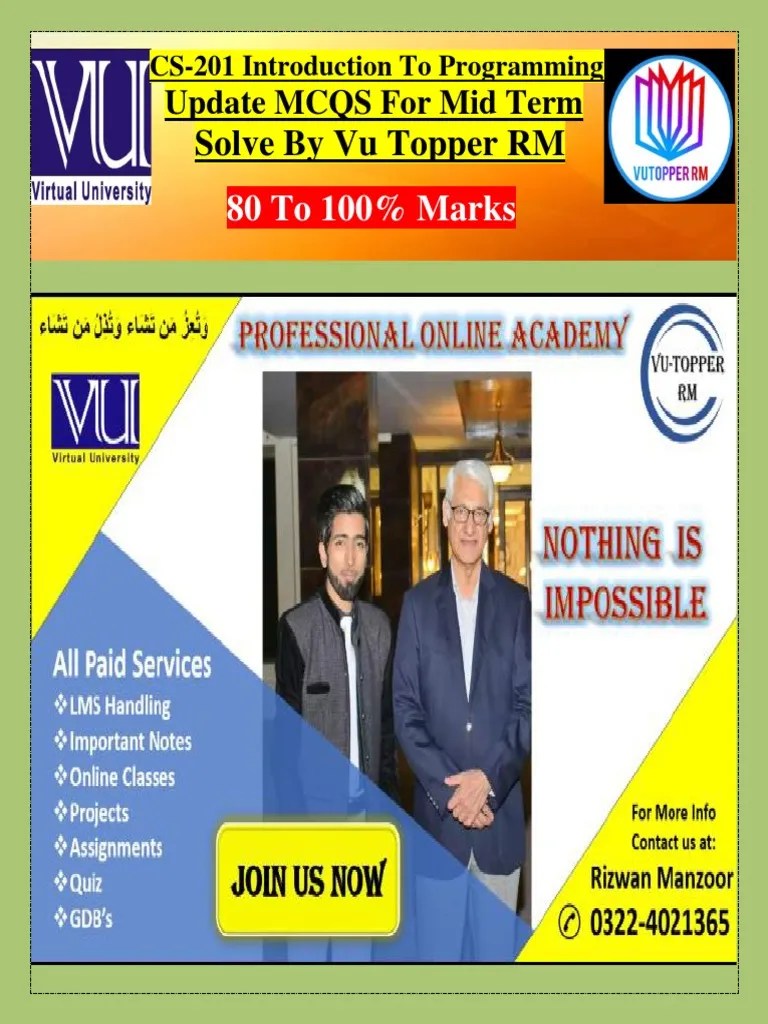 CS201 Mcqs MidTerm By Vu Topper RM-1 | PDF