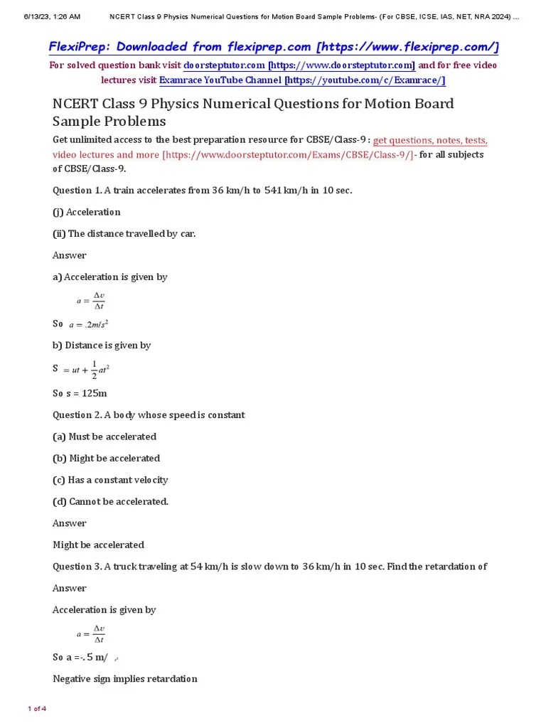 Class 9 Physics Motion Numericals | PDF