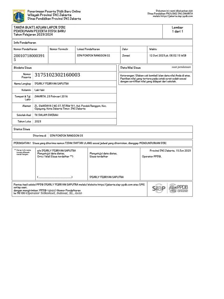 Tanda Bukti AJuan Lapor Diri - 3175102302160003 - DEARLY FEBRYAN SAPUTRA | PDF