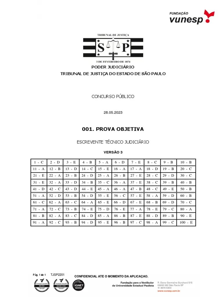 Vunesp 2023 TJ SP Escrevente Tecnico Judiciario Gabarito | PDF