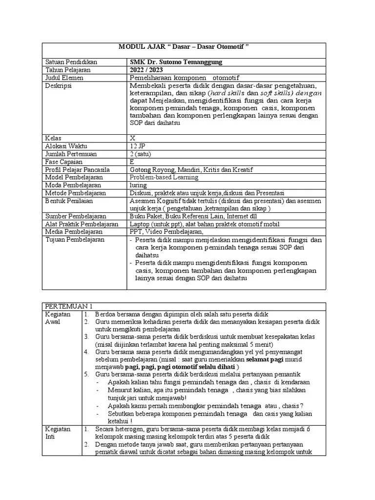 MODUL AJAR Dasar Dasar Otomotif 2 | PDF