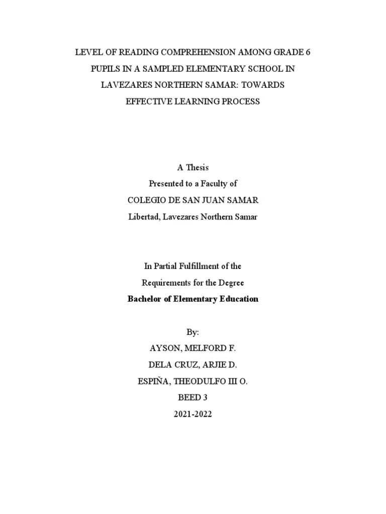 Level Of Reading Comprehension Among Grade 6 Pupils In A | PDF | Reading Comprehension | Cognition
