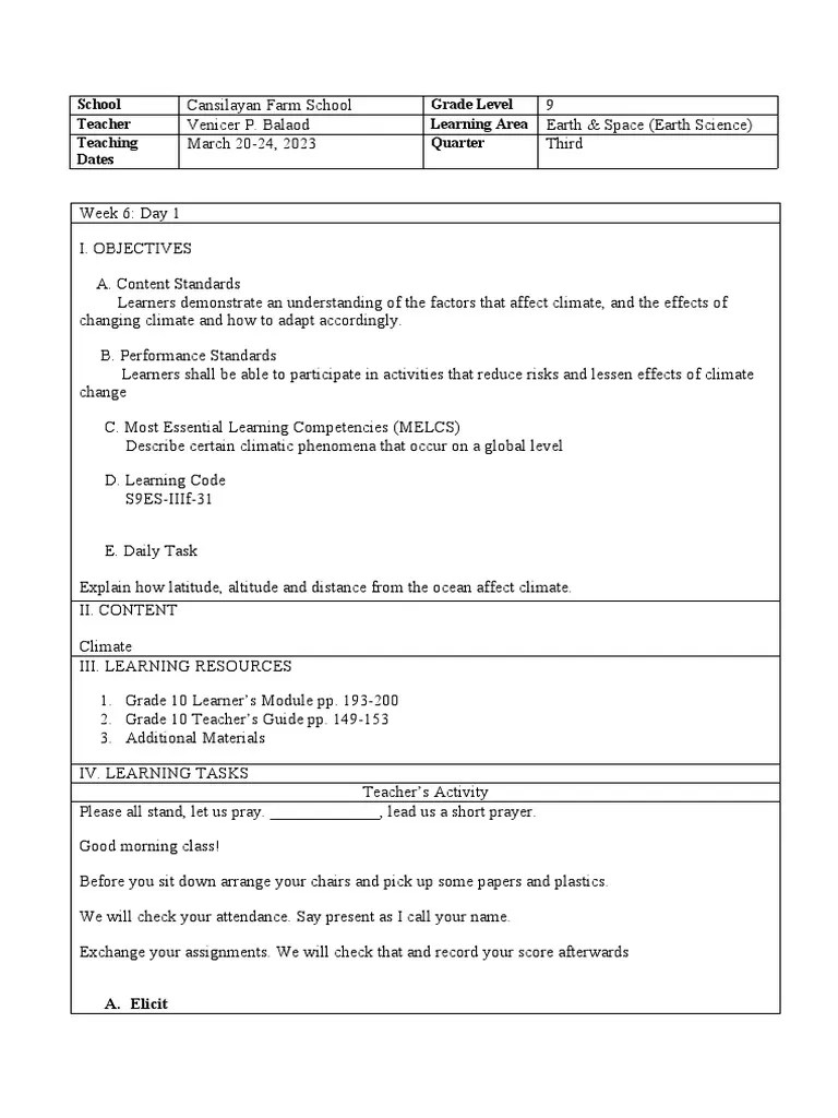 Grade 9 Science LP Week 6 | PDF | Learning | Oceans