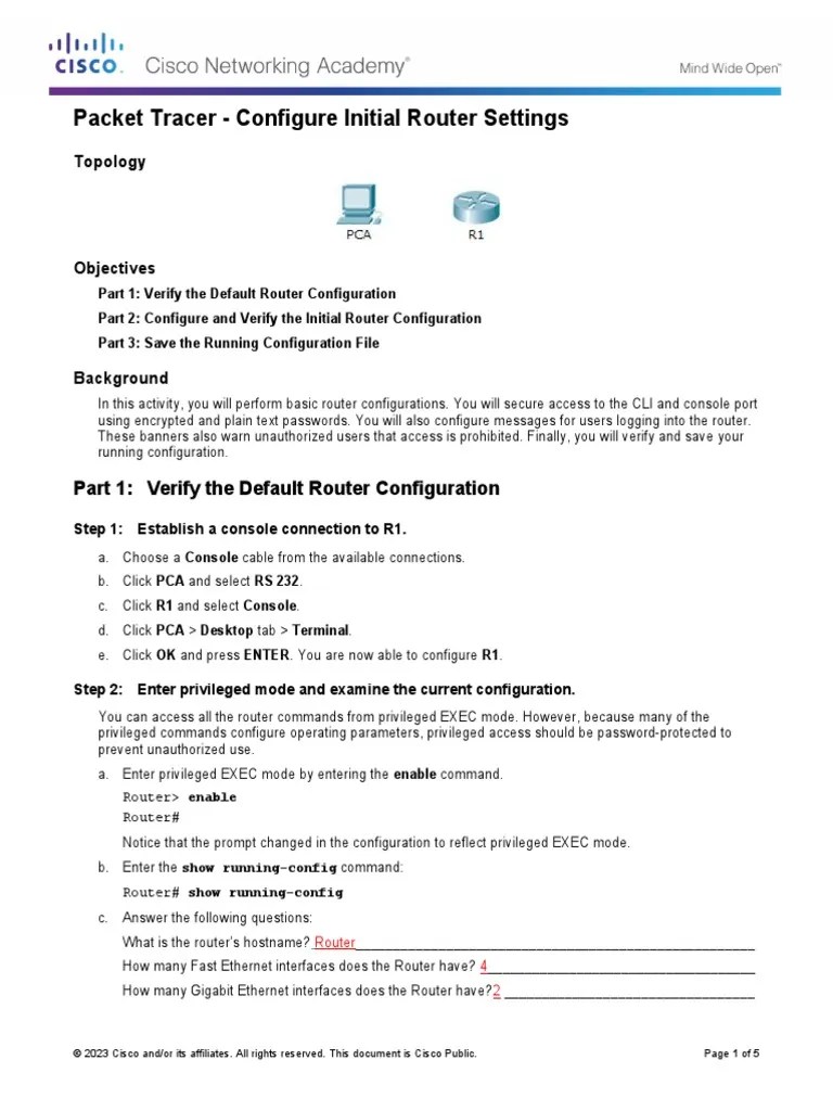 6.4.1.3 Packet Tracer - Configure Initial Router Settings | PDF