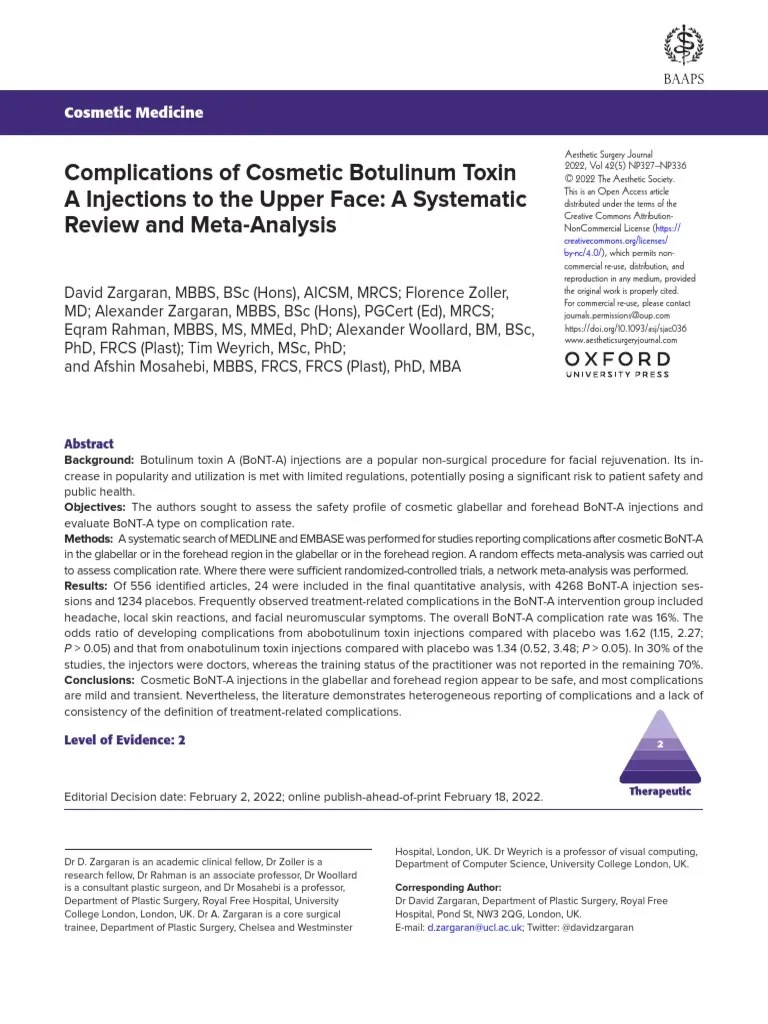 Complications Of Cosmetic Botulinum Toxin A Injections To The Upper ...