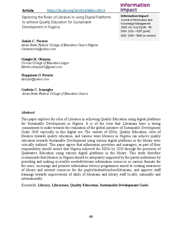Exploring The Roles Of Libraries In Using Digital Platforms To Achieve Quality Education For ...
