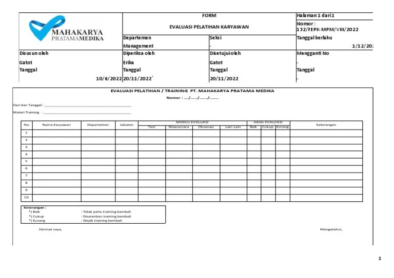 Form Evaluasi Pelatihan Karyawan | PDF
