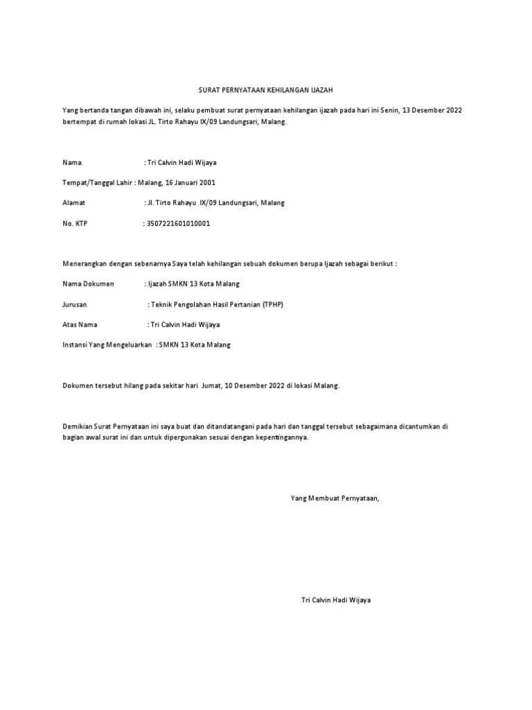 Surat Pernyataan Kehilangan Ijazah | PDF