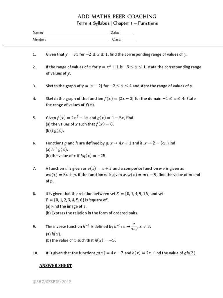 Latihan Add Maths Chapter 1 Functions | PDF