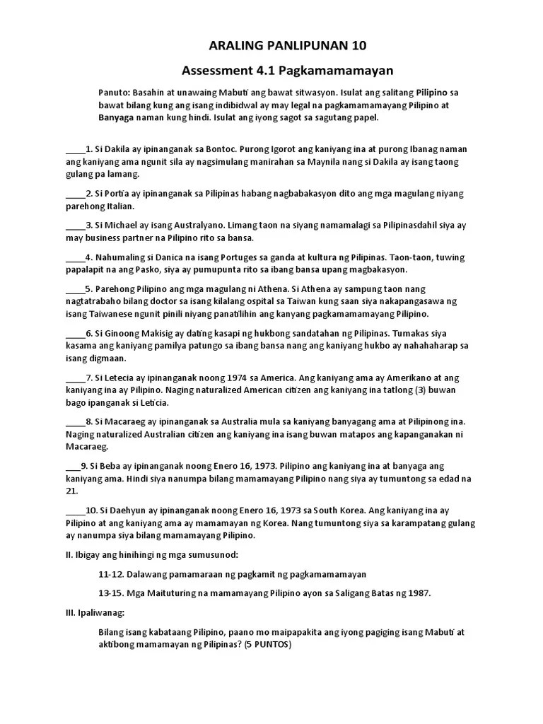 ARALING PANLIPUNAN 10 Assessment 4.1 | PDF