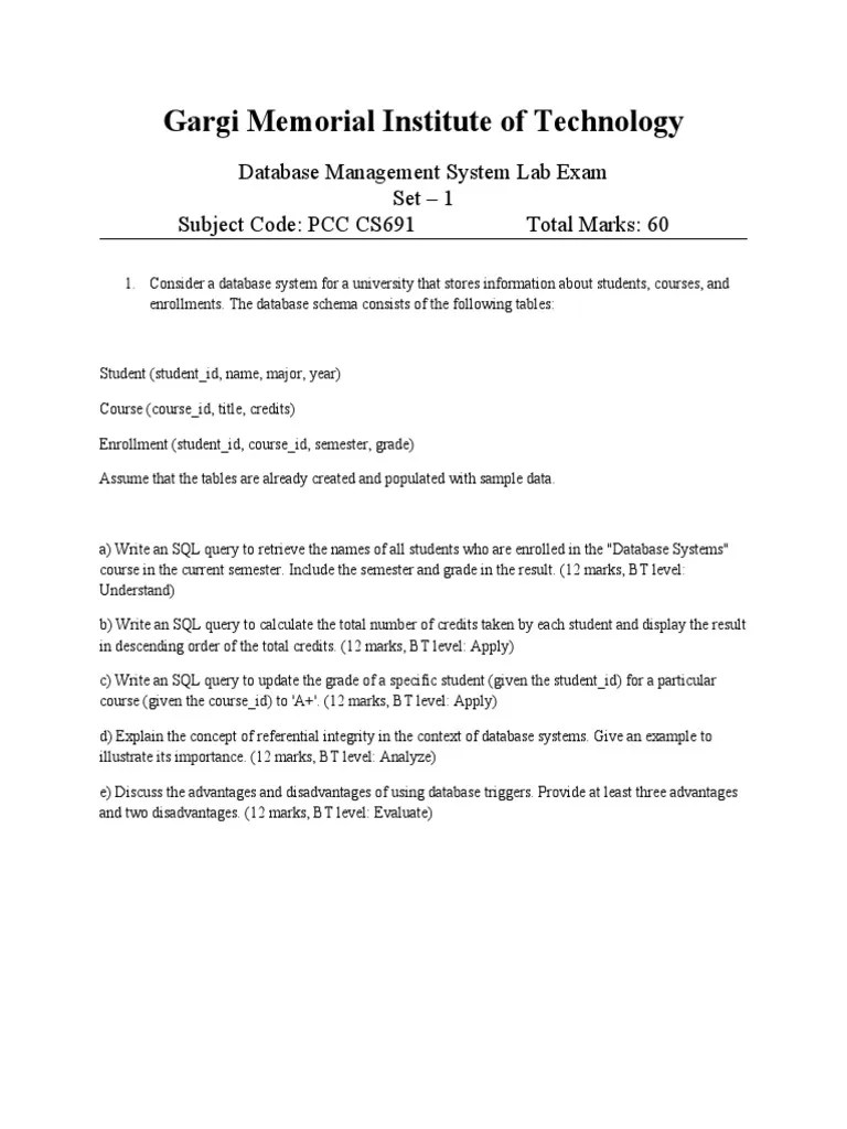 DBMS Lab Question | PDF | Databases | Sql