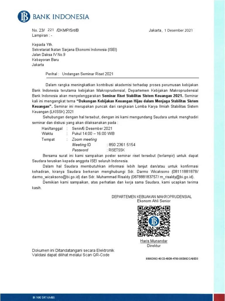 Bank Indonesia - Undangan Seminar Riset 2021 - DKMP - 261121 - ISEI | PDF