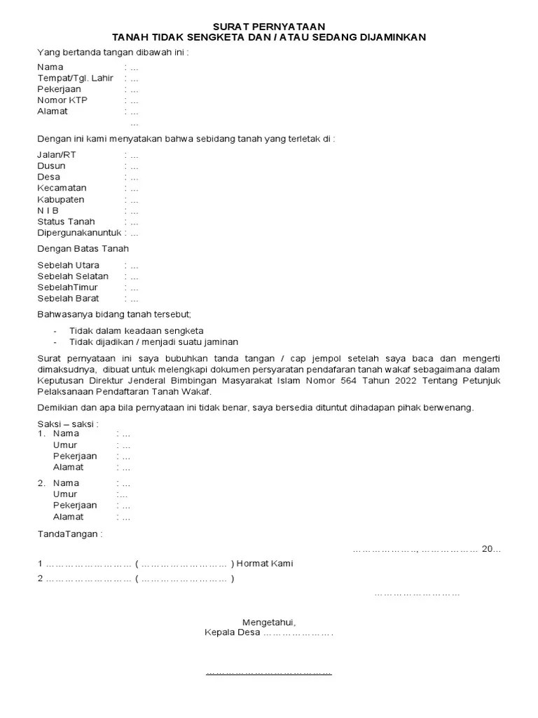 Surat Pernyataan Tanah Tidak Sengketa | PDF